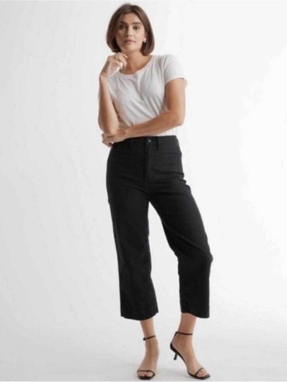 Quince Black Organic Stretch Cotton Twill Straight Leg Cropped Pants Sz 14 NWT
